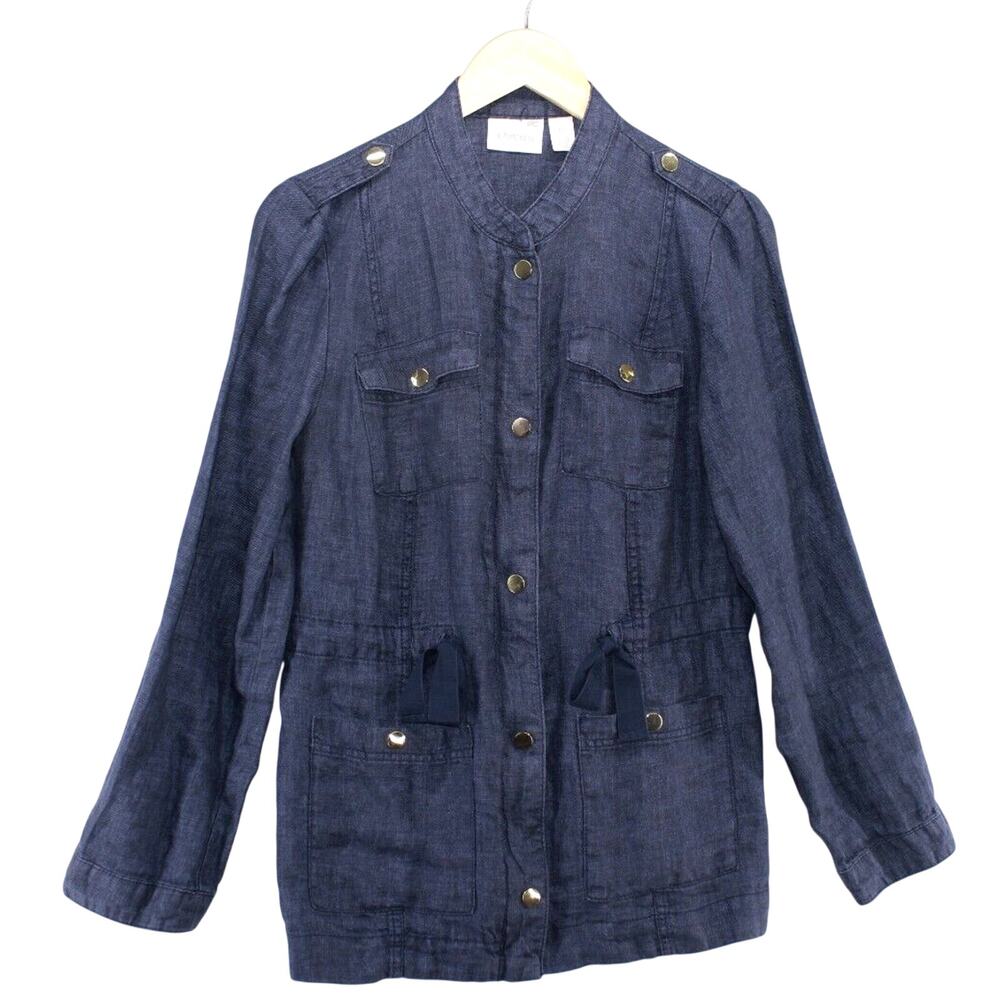 Chicos Linen Utility Jacket Women's Sz S Navy Military Safari Lightweight